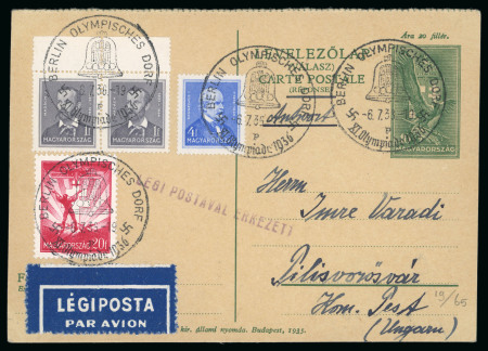 1936 (Jul 6) Hungarian 10f postal stationery card with uprated franking all cancelled by the Olympic Bell "Olympische Dorf" cancellation
