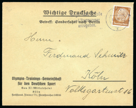 1935 (Apr 1) Printed envelope for the "Olympic Training Community" in Köln, with printed header "RE: The Special Trip to Berlin"