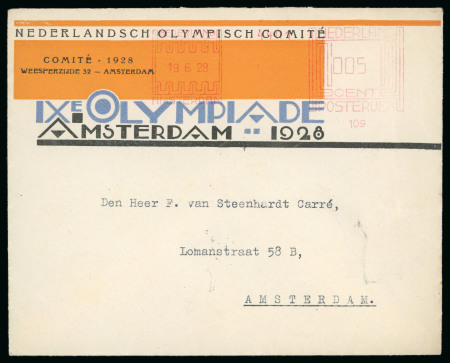 1928 Amsterdam group incl. Netherlands Olympic Committee printed envelope with 5c machine frank sent locally