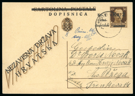 Stamp of Italy » Foreign Occupations of Italian Territories or Under Italian Sovereignty » Croatian Occupation of Sibenik (Sebenico) 2k+1k on 30c overprinted stationery card from Sibenik to Pozega