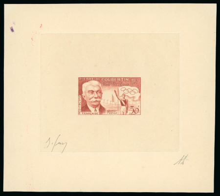 Stamp of Olympics » Pierre de Coubertin and the IOC FRANCE: 1956 30F Pierre de Coubertin die proof in red-brown on sunken carton paper, signed by the engraver