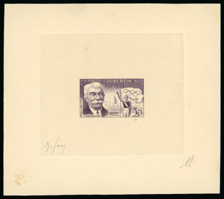 Stamp of Olympics » Pierre de Coubertin and the IOC FRANCE: 1956 30F Pierre de Coubertin die proof in deep mauve on sunken carton paper, signed by the engraver