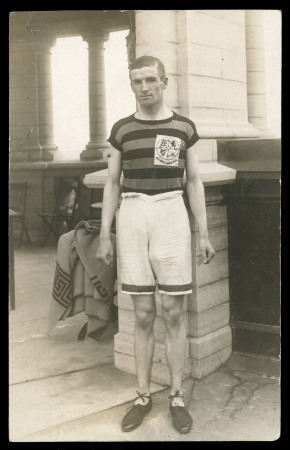 1908 London real photo postcard of a British athlete, produced by Wilhelm Lamm