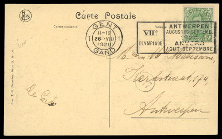 GENT 1: 1920 (Aug 26) Postcard with 5c tied by a crisp strike of the scarce "GENT / 1 / GAND" Olympic slogan machine cancel