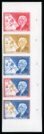 MONACO: 1963 Coubertin Centenary 1F colour trial in vertical marginal strip of five in different colours, plus France 30F colour trial single in red-brown