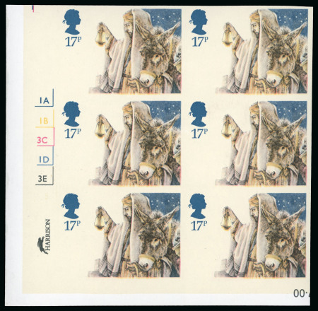 1984 Christmas 17p mint n.h. left marginal imperforate lower left corner cylinder block of six