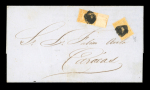 1861-62 1/2r orange, second coarse printing, two examples tied by over-inked "0" numeral cancels to undated folded cover to Caracas