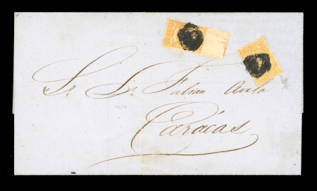 Stamp of Venezuela 1861-62 1/2r orange, second coarse printing, two examples tied by over-inked "0" numeral cancels to undated folded cover to Caracas