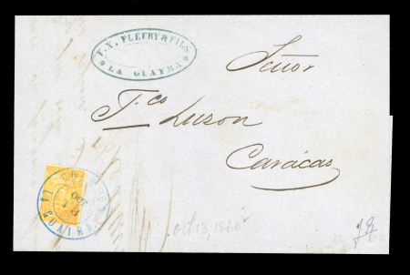 1859 1/2r yellow, first coarse printing, tied by La Guaira cds on Oct. 13, 1860 entire letter to Caracas
