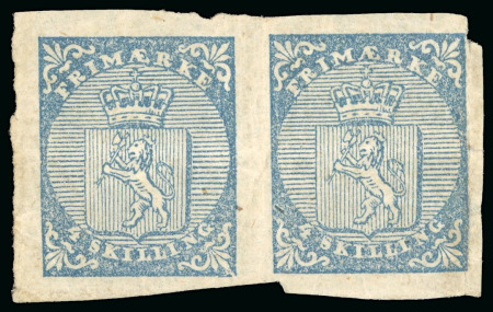 1855 Lion 4sk, mint horizontal pair, clear to huge margins, large part original gum