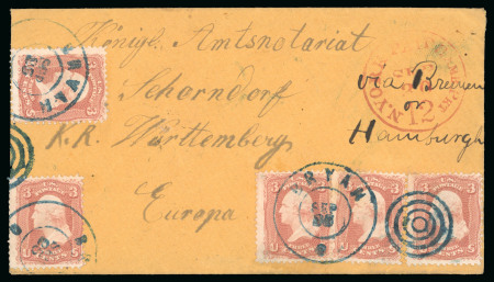 Stamp of United States 1865 (Sep 25) Envelope from Bryan, Texas, sent to the King's official notary in Württemberg, franked with five 1861-62 3c