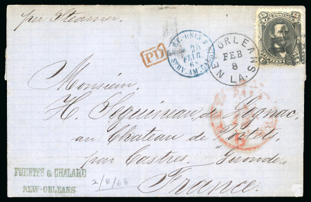 Stamp of United States 1868 (Feb 8) Entire from New Orleans to France with 1861-66 15c Lincoln tied by New Orleans cds and cork cancel