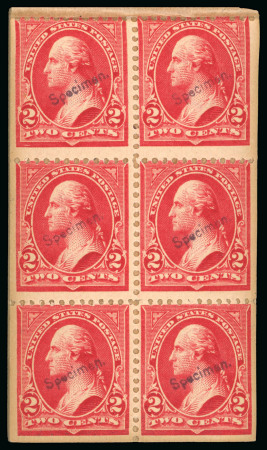 Stamp of United States 1897-1903 Specimen Booklet: Practically complete booklet showing seven out of eight panes of six of the Washington 2c red, with each stamp with Specimen ovpt