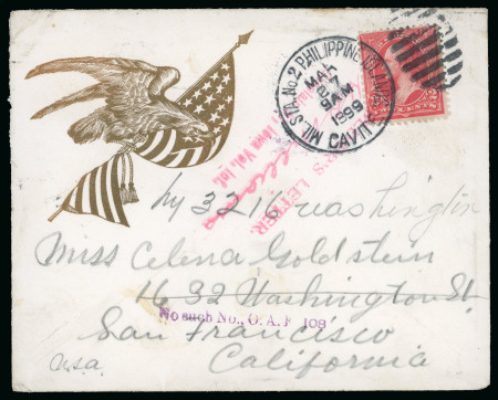 Stamp of United States » U.S. Possessions » Philippines » Military Mail and Stations 1899 (March 27). Soldiers illustrated letter with 2c tied by Cavite Military Station duplex cancel (Baker C-7a)