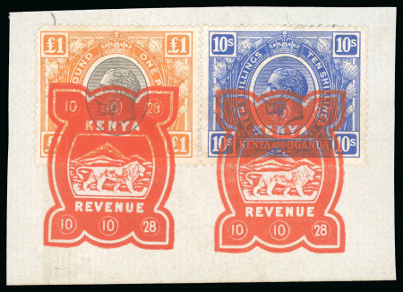 Stamp of Kenya, Uganda and Tanganyika » Kenya, Uganda and Tanganyika 1922-27 10s and £1 neatly tied to document piece by "KENYA / REVENUE" embossed datestamp