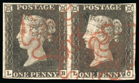 Stamp of Great Britain » 1840 1d Black and 1d Red plates 1a to 11 1840 1d black, Pl.1a LB-LC pair, red Maltese Cross