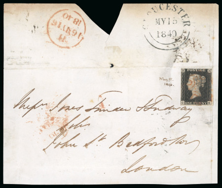 Stamp of Great Britain » 1840 1d Black and 1d Red plates 1a to 11 1840 (May 15) 1d black pl.2 CE, part cover