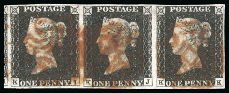 Stamp of Great Britain » 1840 1d Black and 1d Red plates 1a to 11 1840 1d black pl.4 KI-KK strip of three, four margins and part of KH to left, cancelled by Maltese crosses in red