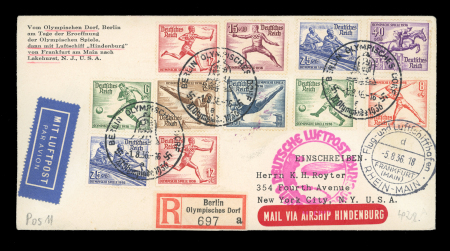 1936 Berlin group of 48 covers/cards/stationery incl. six Hindenburg Olympiafahrt Zeppelin flights with German frankings
