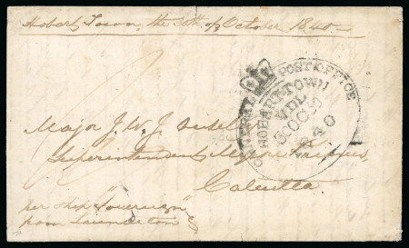 1840 (Oct 30) Wrapper from Hobart Town to Calcutta, India, with very fine strike of the crowned oval GPO ds