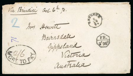 Stamp of Austria 1871 (Oct 6) Stampless envelope from Bruneck to Victoria, Australia, with Anglo-French Convention "FR- / 2F96c" hs