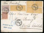 2pi yellow, horizontal pair and a severed block of four, 5pa brown and 10pa mauve, all neatly tied or cancelled on envelope from Port Said