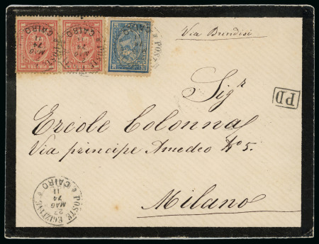 Stamp of Egypt » 1872-75 Penasson 20pa blue and 1pi rose-red pair, all neatly tied or cancelled on envelope from Cairo