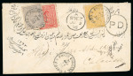 Stamp of Egypt » 1874 Bulaq 2pi yellow, 20pa slate blue and 1pi scarlet, all neatly tied on envelope from Cairo, via Suez, to Calcutta