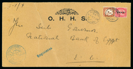 Stamp of Egypt » Officials 1913 "OHHS" 5m rose-carmine, single in combination with 1893 (No Value) chestnut, both tied on large 1914 legal size OHHS envelope