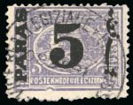 5pa on 2 1/2pi violet, mint and used, four singles showing plate flaws 