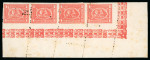 1pi scarlet, perf. 12 1/2, mint marginal strip of four, showing dramatic misplaced perforation