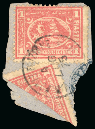Stamp of Egypt » 1872-75 Penasson 1pi rose-red, single and diagonally bisected single, both tied by V.R. EGIZIANE/RODI cds to small fragment