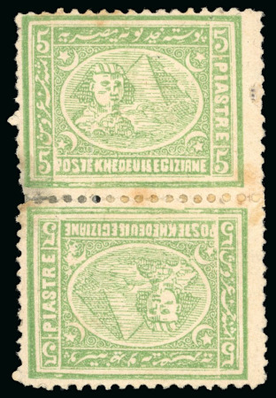 The Famous Ferrary Tete-Beche Pair: 5pi yellow-green, perf. 12 1/2 x 13 1/3, mint vertical TÊTE-BÊCHE pair