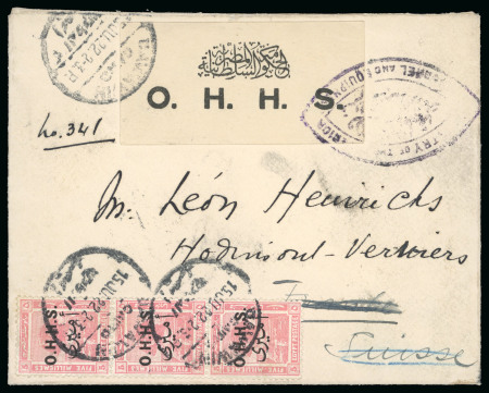 Stamp of Egypt » Officials 1922 OHHS 5m pink, vertical strip of three, neatly tied on small neat OHHS printed envelope 