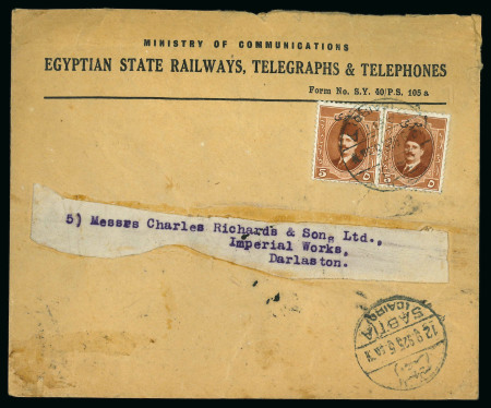 1924 King Fouad 5m red-brown, two singles, tied on Egyptian State Railway stationery, from Sabtia, Cairo to England