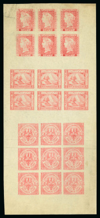 1871 Essays of Charles Skipper and East, London: 2pi rose, composite proof comprised of three imperforate blocks