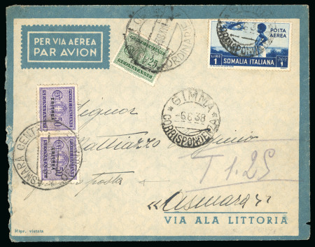 Stamp of Italy » Italian Colonies and Possessions » Eritrea 1938, busta dalla Somalia tassata in arrivo con 25 c. e due 50 c.