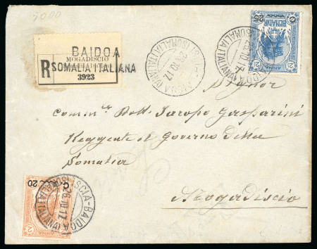 Stamp of Italy » Italian Colonies and Possessions » Somalia 1917, raccomandata del 26.10 da Baidoa con "Leoni" 25 c. su 2 1/2 e 20 c. su 2 a.