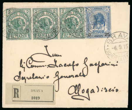 Stamp of Italy » Italian Colonies and Possessions » Somalia 1915, raccomandata del 6.9 da Brava con "Elefanti" 5 c. su 2 c. (3) e "Leoni" 25 c. su 2 1/2