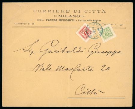 Stamp of Italy » Corrieri di Milano 1897, Cooperativa Fattorini, 1 c. e 2 c. usati su busta