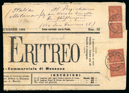 Stamp of Italy » Italian Colonies and Possessions » Eritrea 1893-1900, tre giornali viaggiati in Italia con bolli diversi compreso uno con rara affrancatura multipla