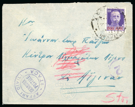 Stamp of Italy » Italian Occupations WWII » Ionian Islands 1943 (March 12) Cover from Stavros to Aegina Island "Affari Civili/Censura Postale/Itaca" 