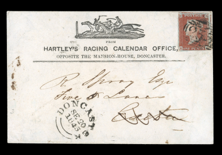 Stamp of Great Britain » Hand Illustrated and Printed Envelopes 1845 (Sep 20) "Hartley's Racing Calendar Office" printed envelope depicting horse racing at top, franked with 1841 1d red