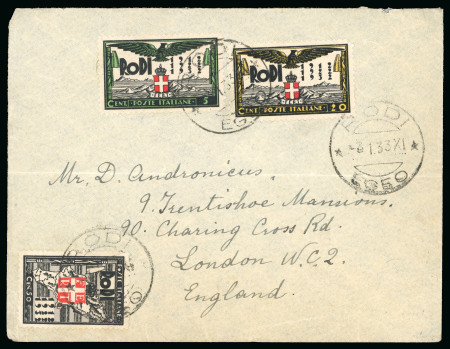 Stamp of Italy » Italian Colonies and Possessions » Aegean Islands 1933 (Jan 3) Cover from Rhodes to London, franked by,"Ventennale" 5c, 20c, 25c (2) and 50c