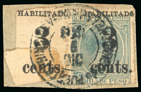 1898 3c on 2m blue-green, fifth printing, pair, positions 1-2, overprint surcharge in gutter variety,