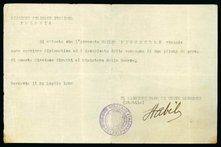 Stamp of Italy » Missions, Post Offices and Postal History Abroad » Poland 1920 Laissez-passer of the italian Mission in Poland declaring carriage of diplomatic courier