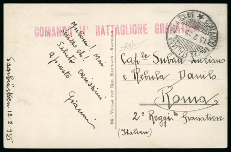Stamp of Italy » Missions, Post Offices and Postal History Abroad » Plebiscite of Saarland 1934-35 Small envelope and postcard showing "Comando Truppe Italiane nella Saar", one taxed