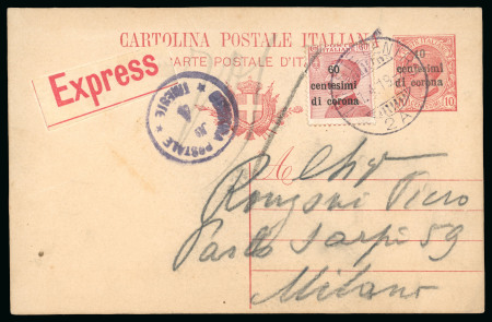 Stamp of Italy » Italian Occupations WWI » Trento and Trieste 1919, cartolina postale da 10 c. su 10 c. espresso per Milano