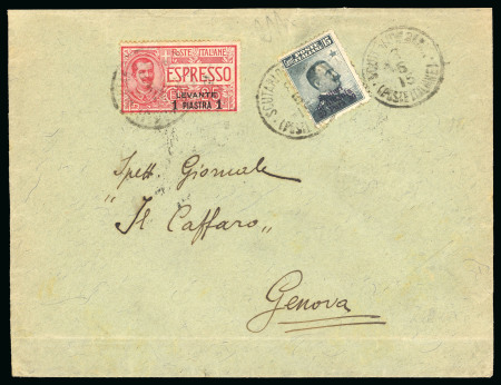 Stamp of Italy » Missions, Post Offices and Postal History Abroad » Albania 1915 Express envelope to Genoa, Scutari 30pa on 15c and Levant express 1pi on 25c