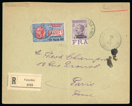 Stamp of Italy » Missions, Post Offices and Postal History Abroad » Albania 1915 Registered express from Valona to Paris, with Valona "Michetti" 2pi on 50c, Levant express 60 pa on 30c
